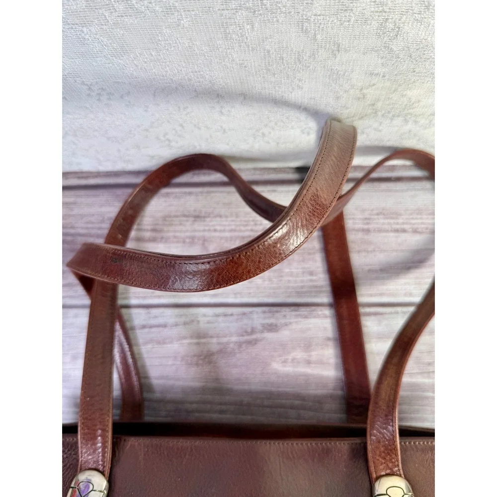 Marino Orlandi Brown Cognac Leather Floral Embossed Tote Bag Italy Shoulder Bag